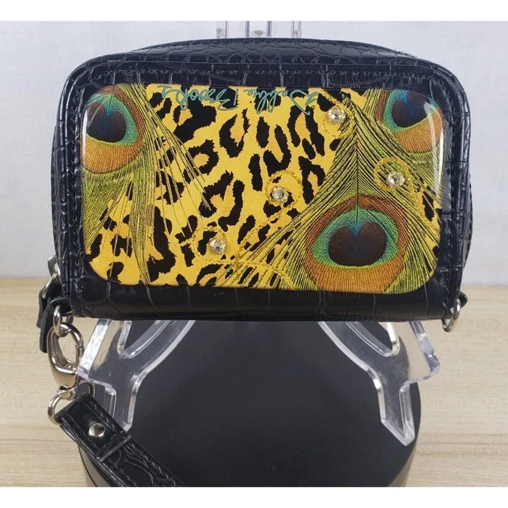 Debbie Brooks Black Peacock Animal Print Rhinestone Wristlet Wallet Phone Case